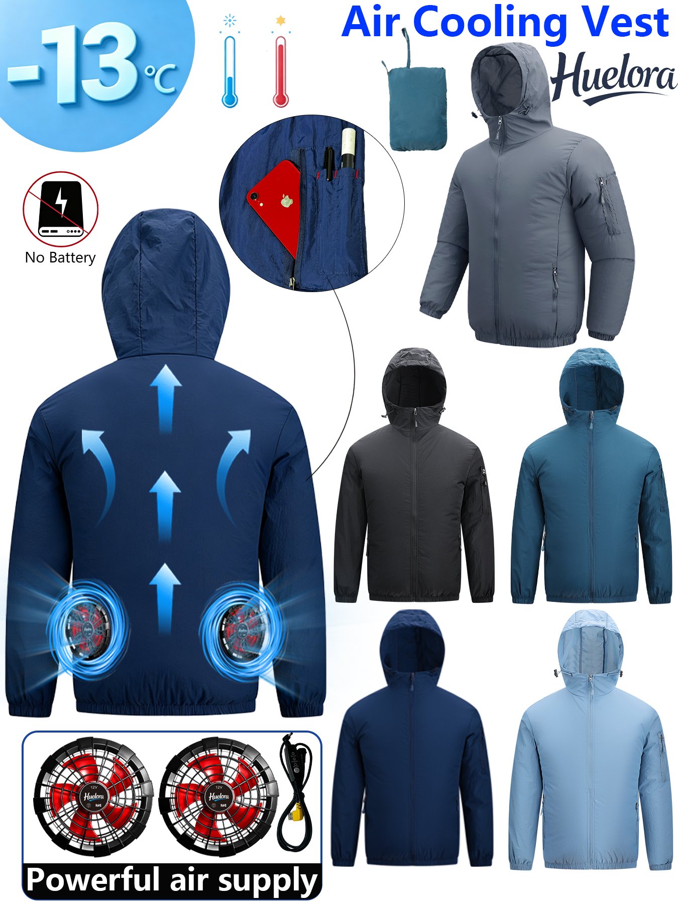 Fishing Kit Compact - เสื้อแจ็คเก็ตมีฮู้ดสำหรับผู้ชายพร้อมพัดลมคู่แบบ USB สำหรับระบายความร้อน เหมาะสำหรับใส่ทำงานกลางแจ้งในฤดูร้อนและตกปลา